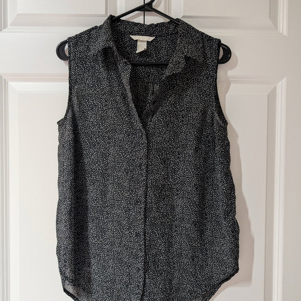 H&M Dark Navy Blue & White Polka Dots Sheer Sleeveless Blouse
